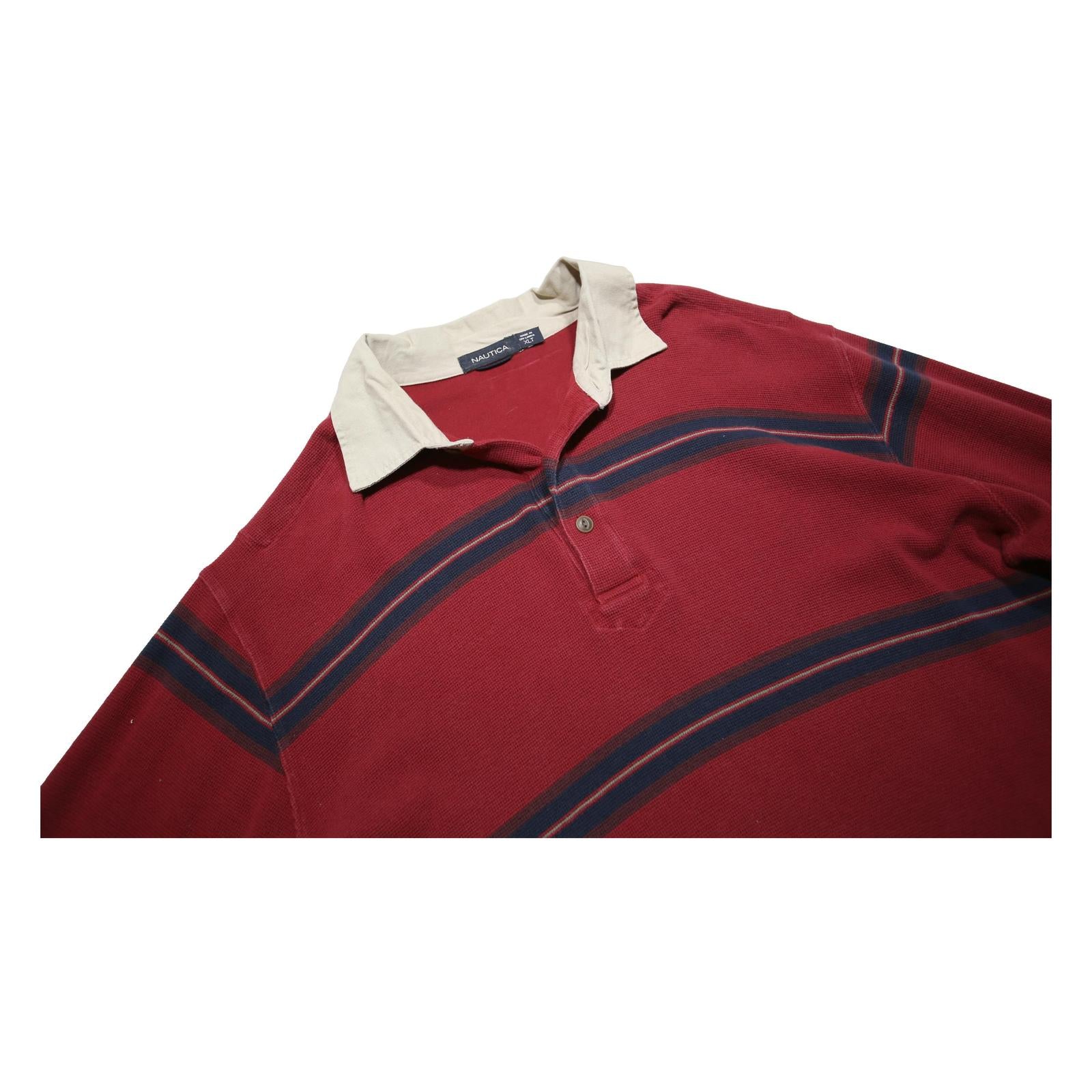 NAUTICA Mens Red & Navy Striped Long Sleeve Basic Polo Shirt XL Cotton