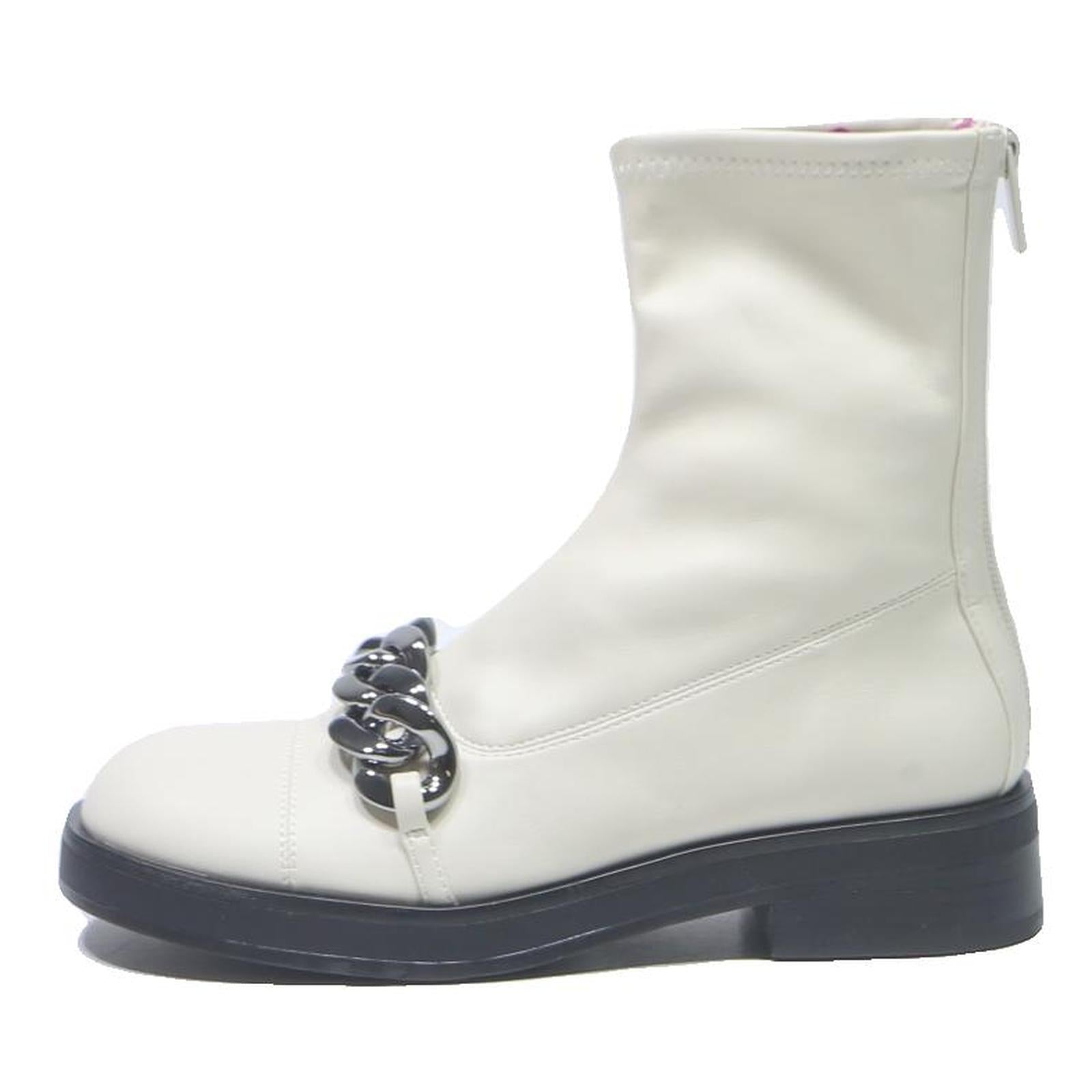 CHARLES & KEITH Womens Leather Ankle Boots White UK 3 Contemporary Chain Detail
