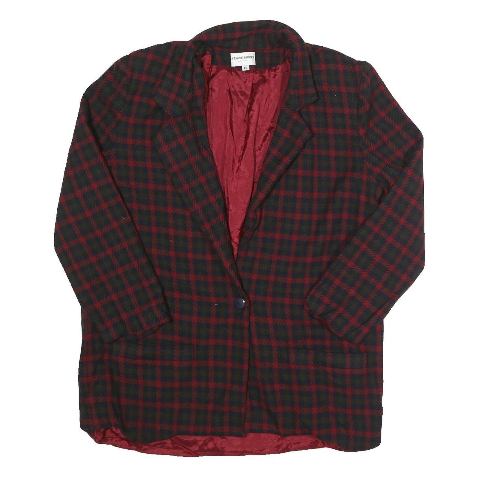 J'ENVIE SPORT Womens Red & Black Check Wool Jacket UK 14 Button Closure Classic