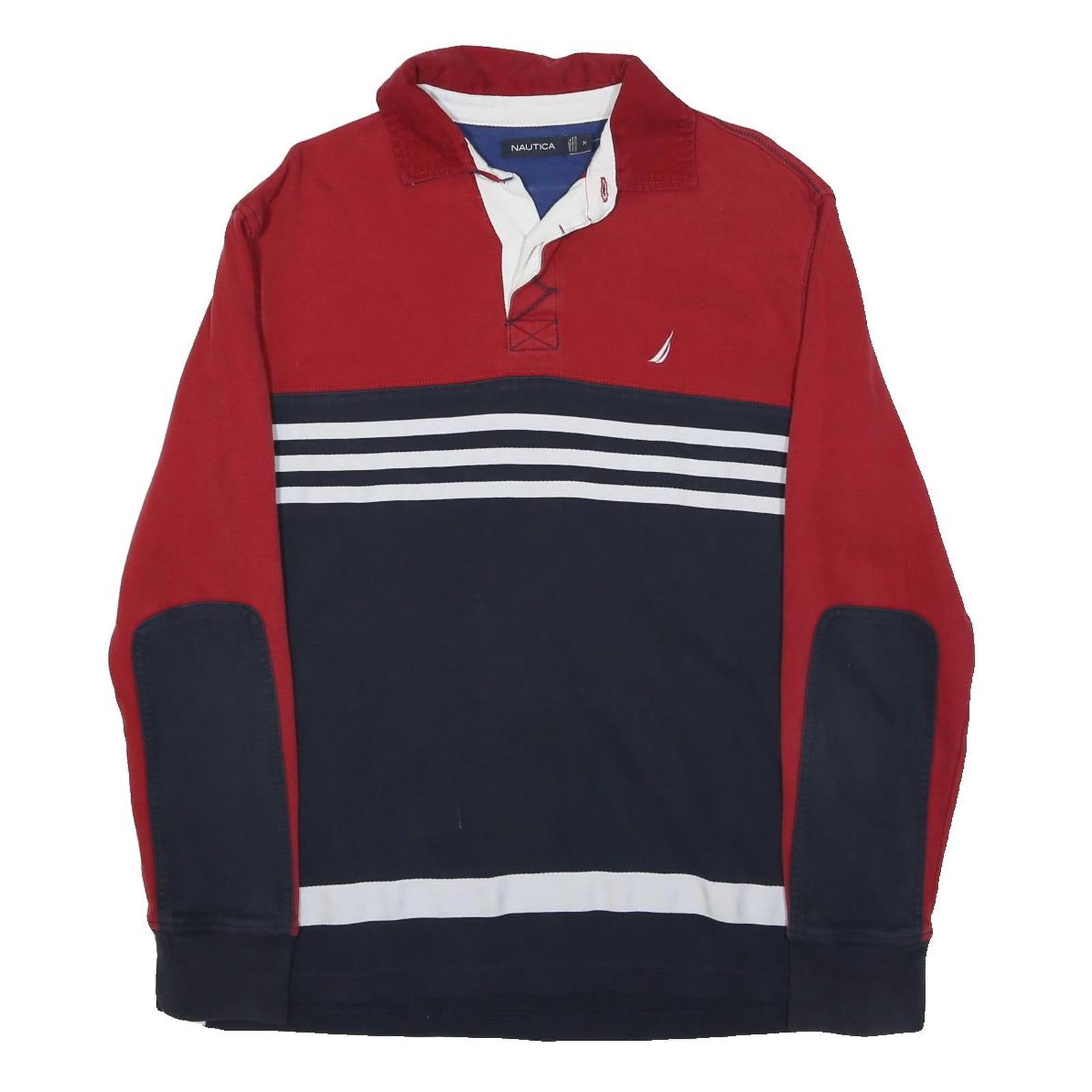 NAUTICA Mens Red & Navy Striped Long Sleeve Polo Shirt M Cotton Blend Casual