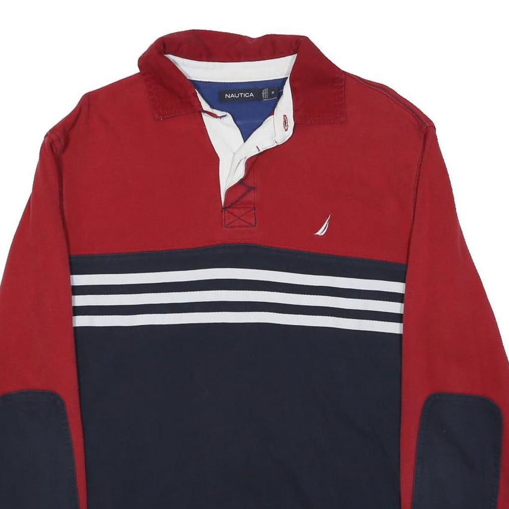 NAUTICA Mens Red & Navy Striped Long Sleeve Polo Shirt M Cotton Blend Casual