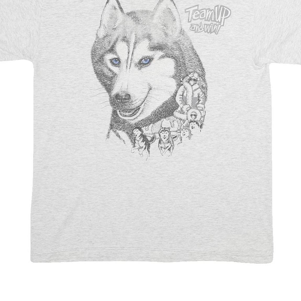 LITTLE BROWNIE ORIGINALS Mens White Grey Husky Graphic T-Shirt L Short Sleeve