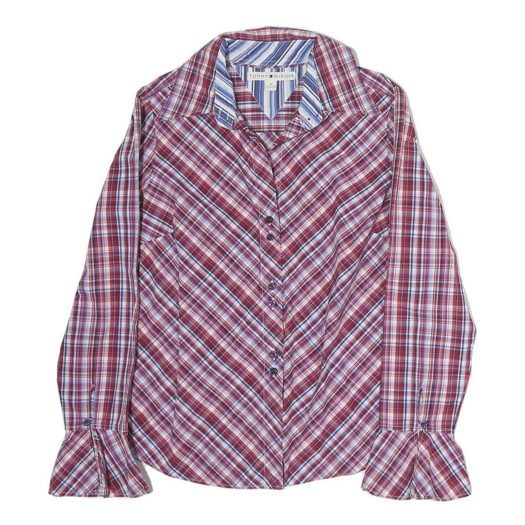 TOMMY HILFIGER Womens Red Blue Plaid Shirt M Cotton Button Front Casual