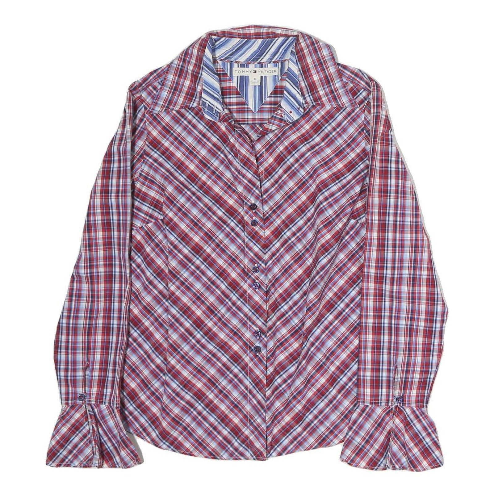 TOMMY HILFIGER Womens Red Blue Plaid Shirt M Cotton Button Front Casual