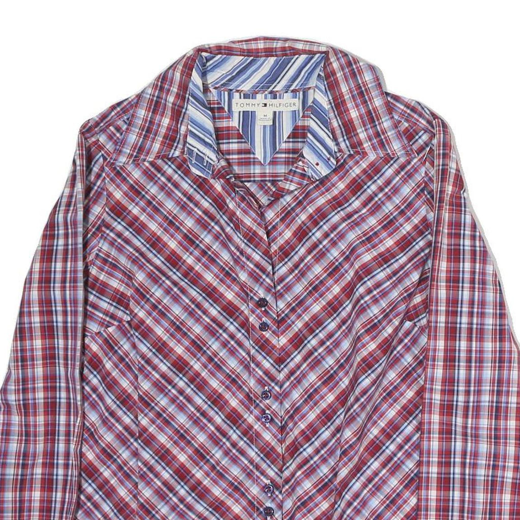 TOMMY HILFIGER Womens Red Blue Plaid Shirt M Cotton Button Front Casual