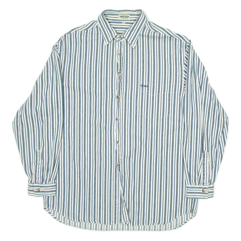 GUESS JEANS Mens Shirt White Striped Long Sleeve L