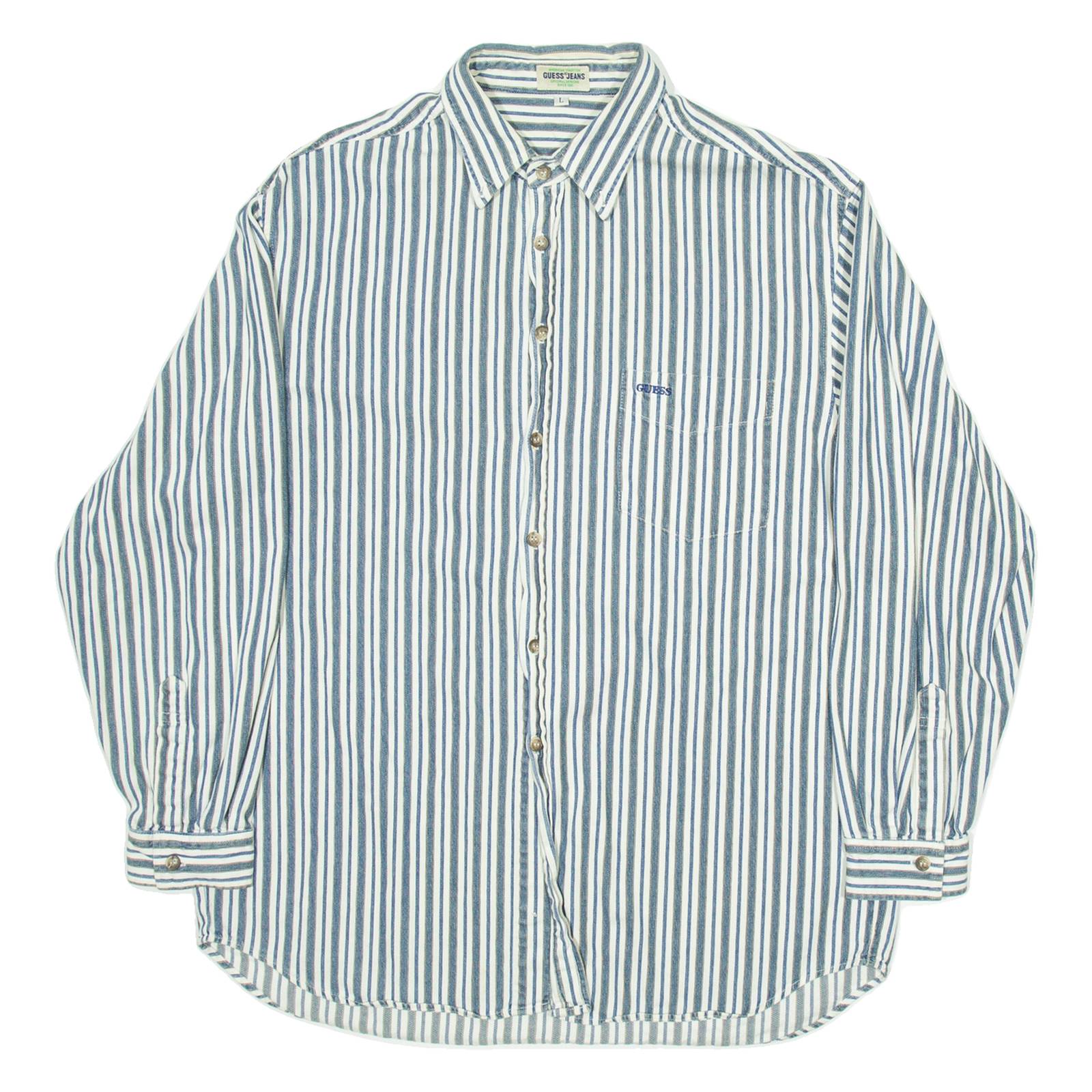 GUESS JEANS Mens Shirt White Striped Long Sleeve L