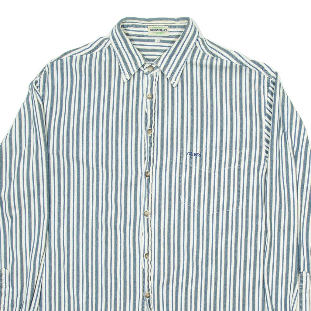 GUESS JEANS Mens Shirt White Striped Long Sleeve L