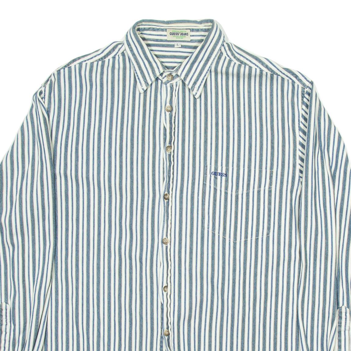 GUESS JEANS Mens Shirt White Striped Long Sleeve L