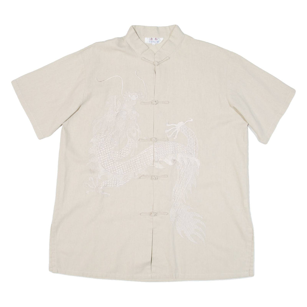 LANG YI Eastern Inspired Dragon Mens Plain Shirt Beige 2XL