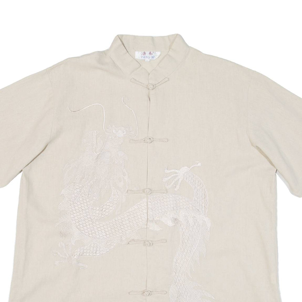 LANG YI Eastern Inspired Dragon Mens Plain Shirt Beige 2XL