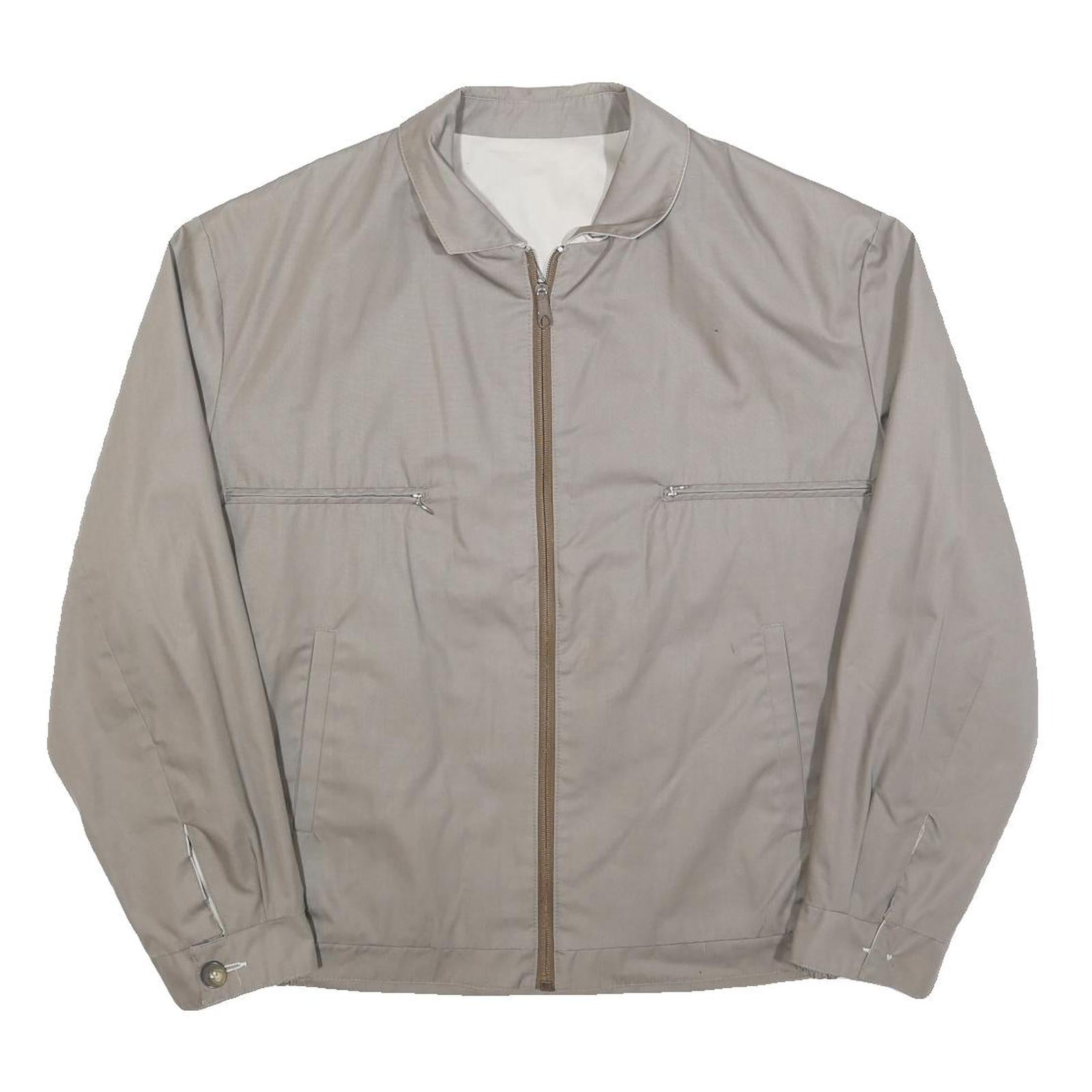 Mens Beige Cotton Blend Zip Front Jacket L Plain Lightweight Casual Outerwear