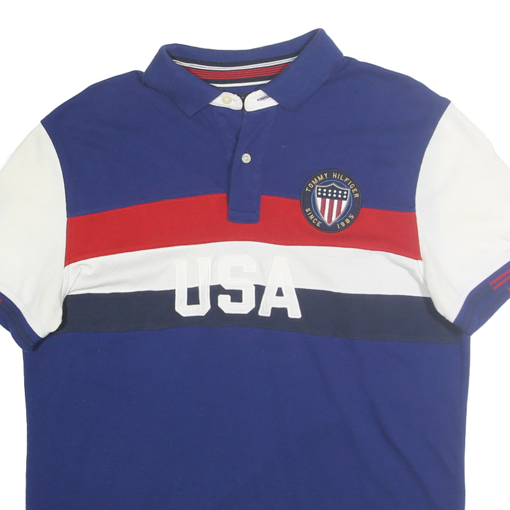 TOMMY HILFIGER Mens Blue & White USA Short Sleeve Cotton Polo Shirt L Classic