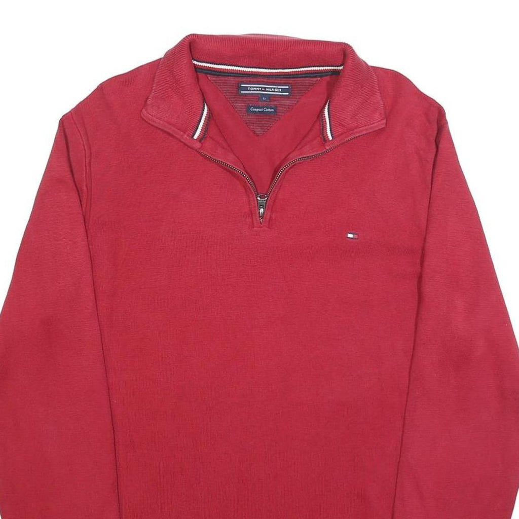 TOMMY HILFIGER Mens Red Pullover Plain V-Neck Basic Knit Jumper L Cotton