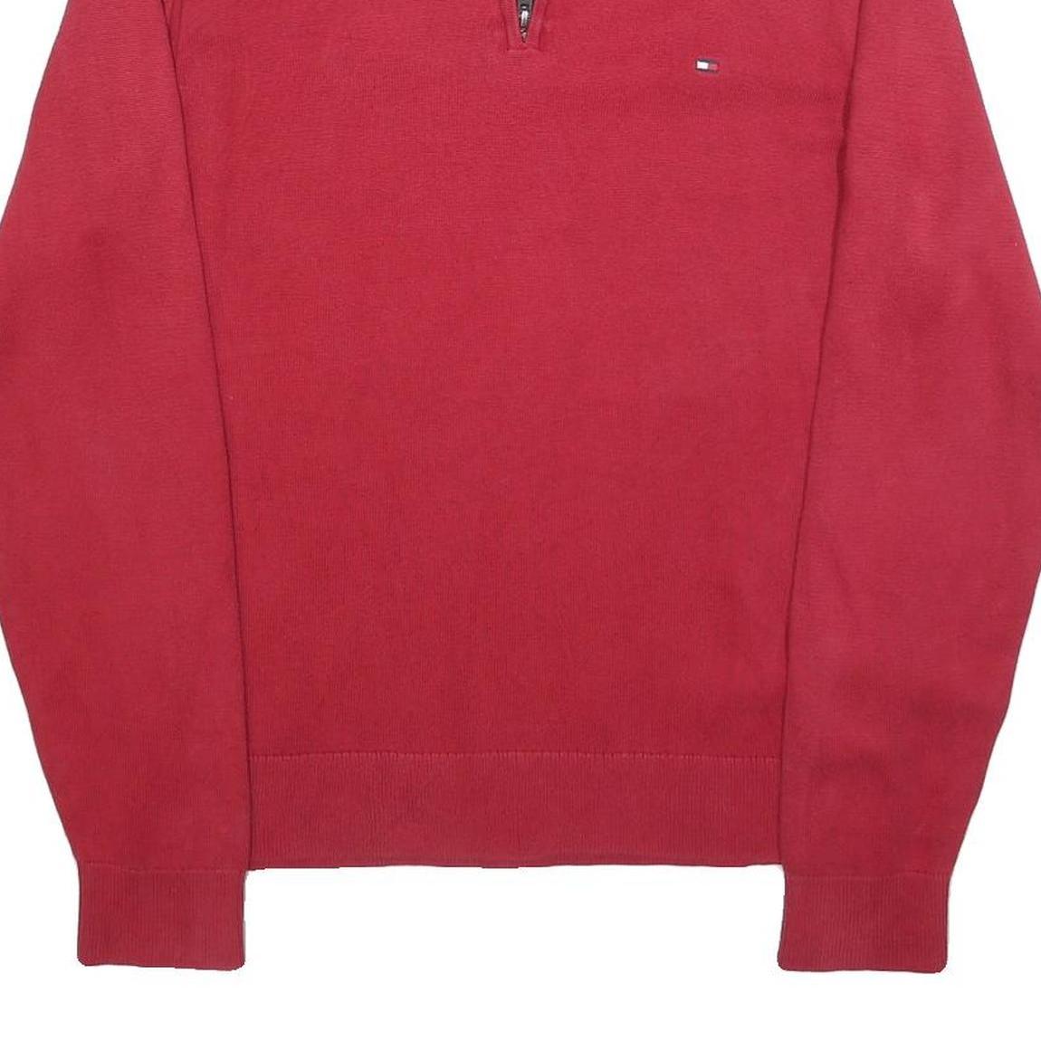 TOMMY HILFIGER Mens Red Pullover Plain V-Neck Basic Knit Jumper L Cotton
