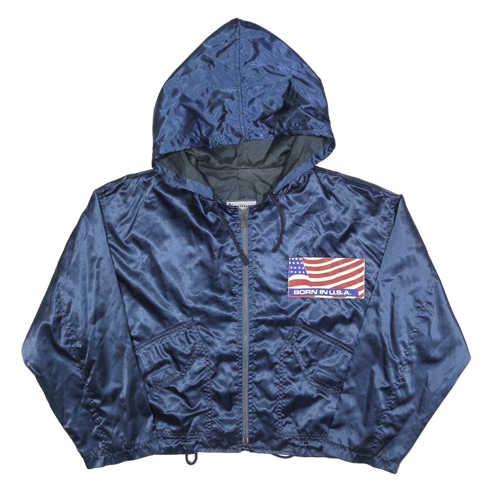 KORONES Womens Blue Polyester Jacket L Hooded Zip Plain Born In U.S.A.