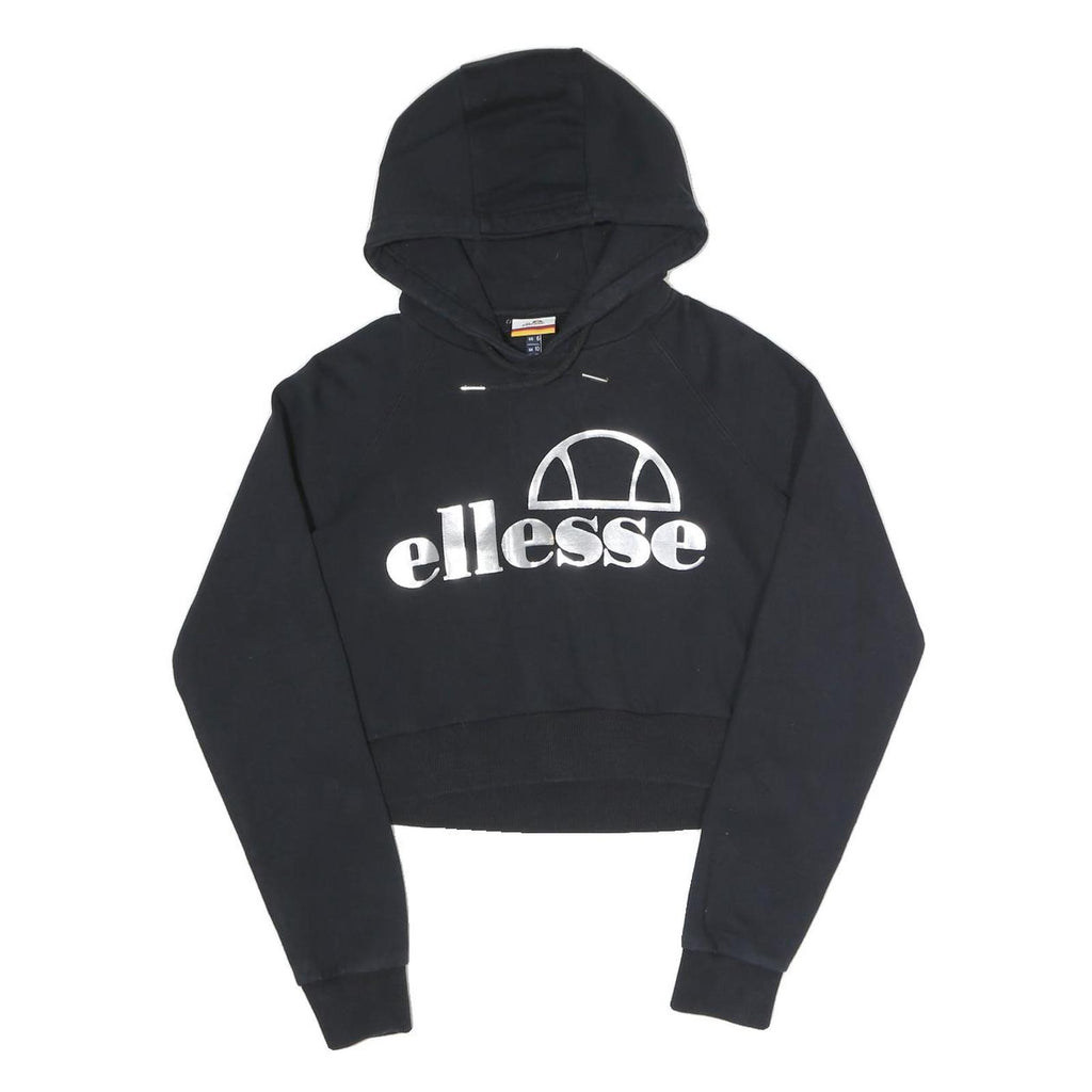 ELLESSE Womens Black Hoodie UK 10 Cropped Cotton Blend Sweatshirt