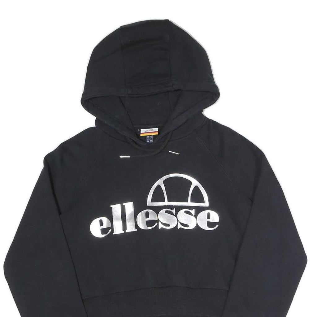 ELLESSE Womens Black Hoodie UK 10 Cropped Cotton Blend Sweatshirt