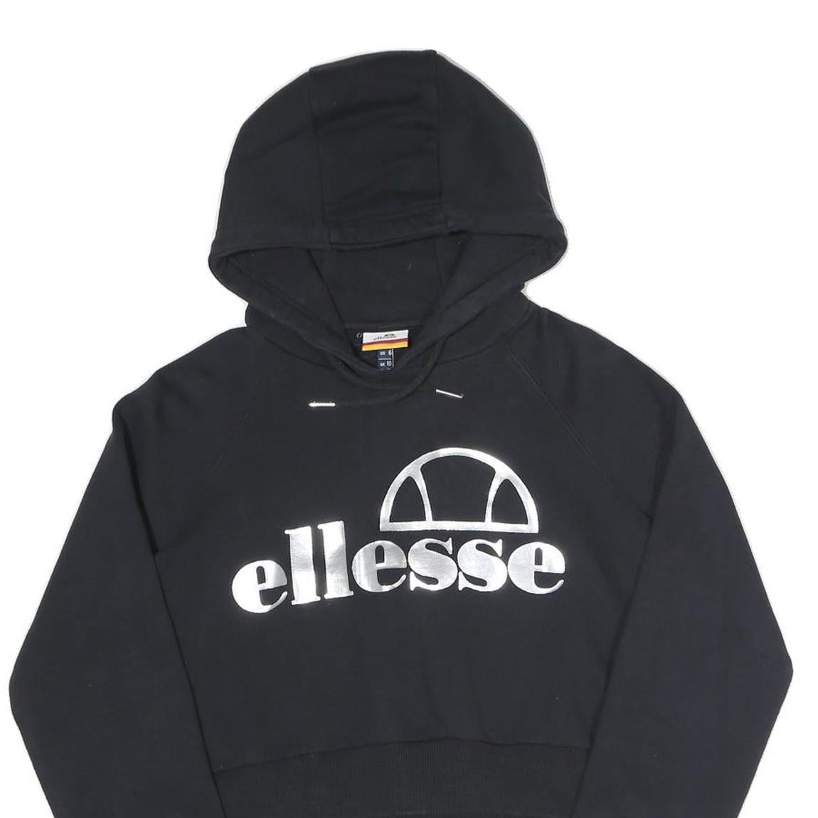 ELLESSE Womens Black Hoodie UK 10 Cropped Cotton Blend Sweatshirt