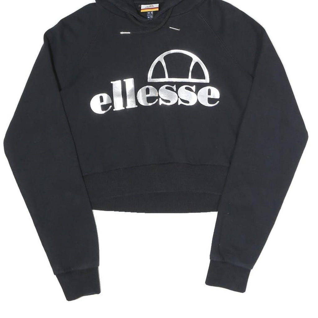 ELLESSE Womens Black Hoodie UK 10 Cropped Cotton Blend Sweatshirt