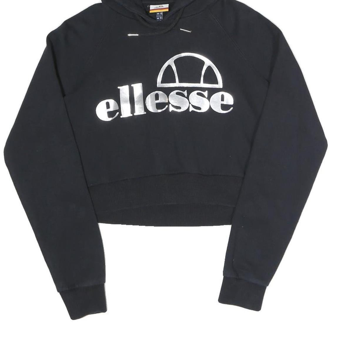 ELLESSE Womens Black Hoodie UK 10 Cropped Cotton Blend Sweatshirt
