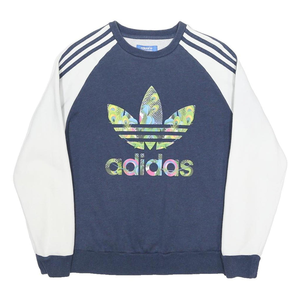 ADIDAS Womens Blue & White Floral Logo Crew Neck UK 16 Sweatshirt