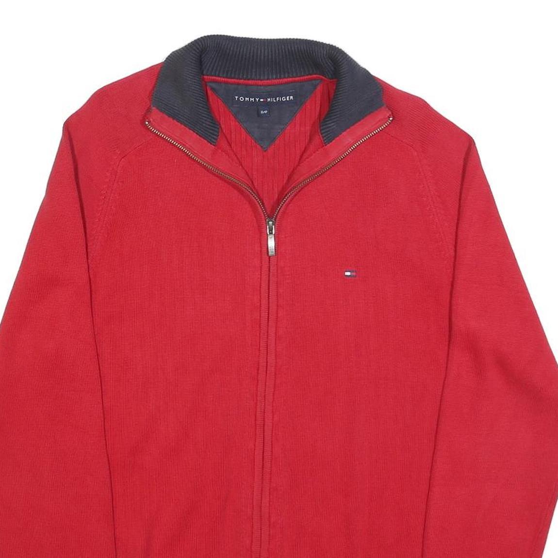 TOMMY HILFIGER Mens Red Jumper Zip Up Plain Crew Neck Basic Knit S Cotton