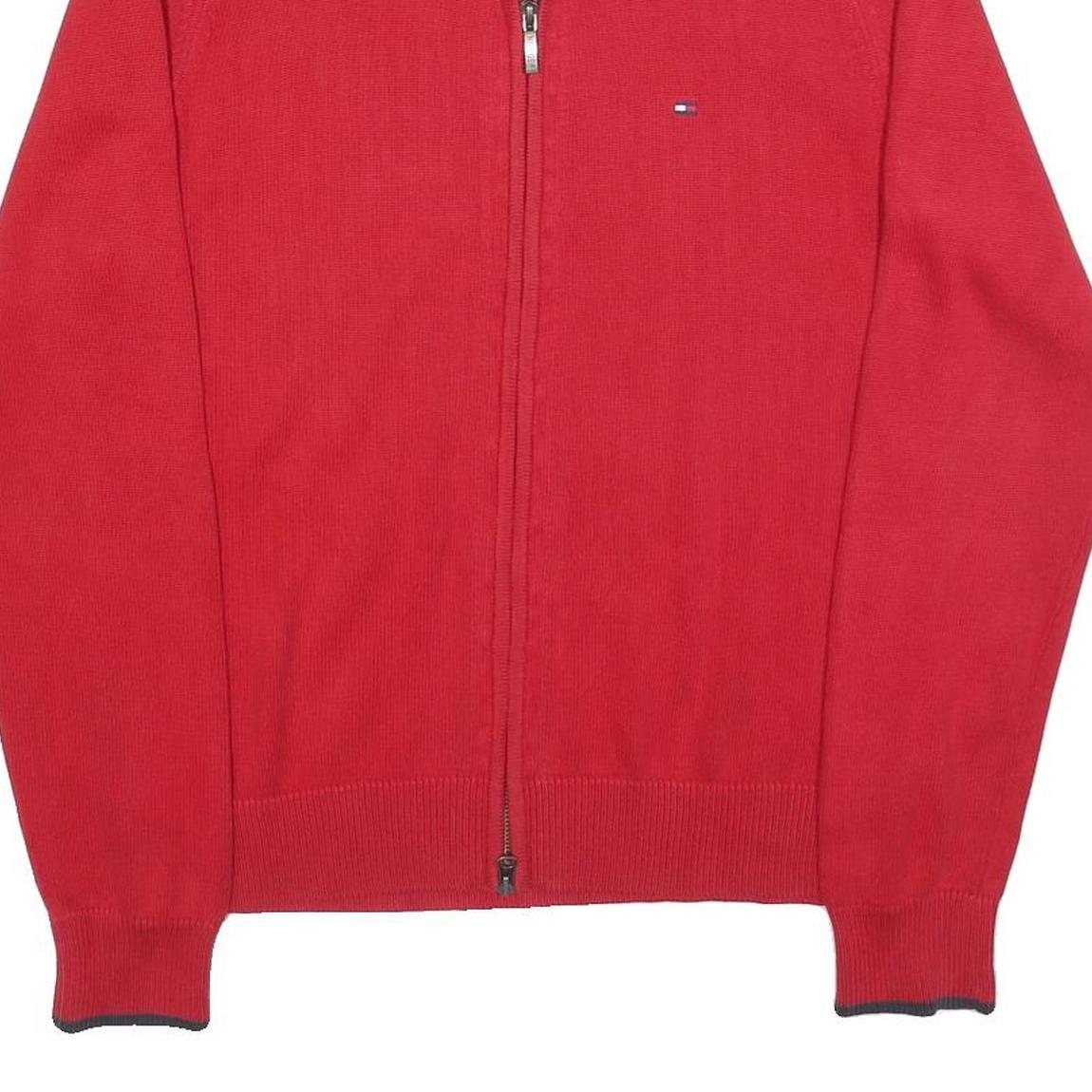 TOMMY HILFIGER Mens Red Jumper Zip Up Plain Crew Neck Basic Knit S Cotton