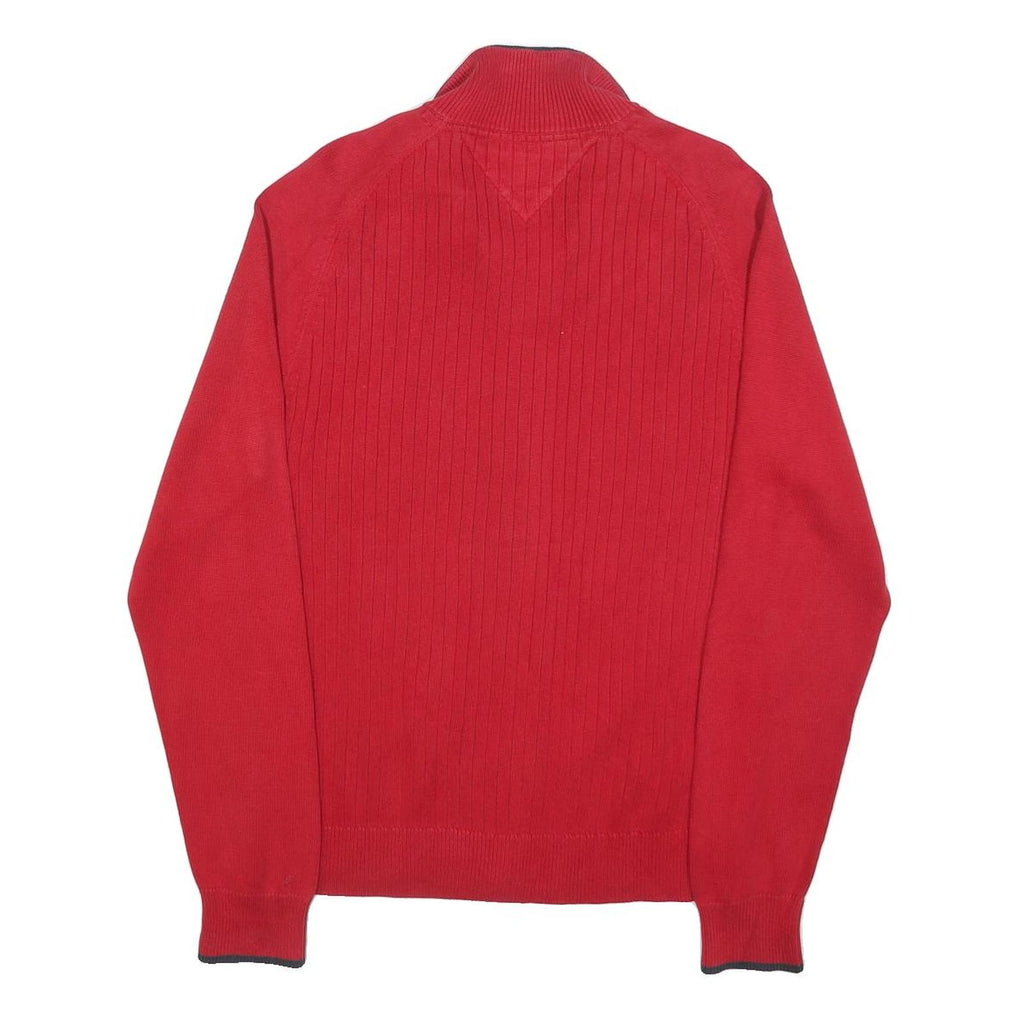 TOMMY HILFIGER Mens Red Jumper Zip Up Plain Crew Neck Basic Knit S Cotton