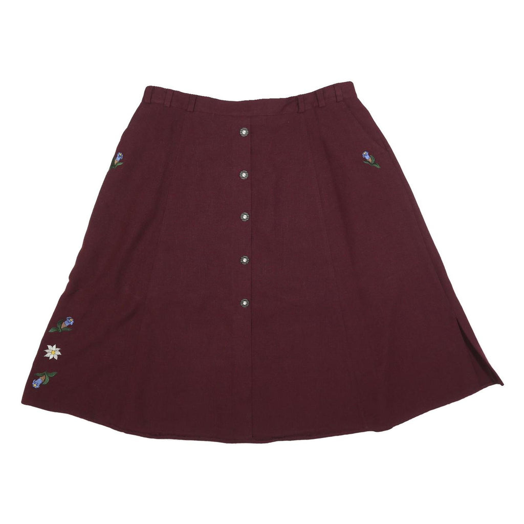 Womens Maroon Button Front Floral Embroidered A-Line Knee Length Linen Blend