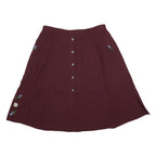 Womens Maroon Button Front Floral Embroidered A-Line Knee Length Linen Blend