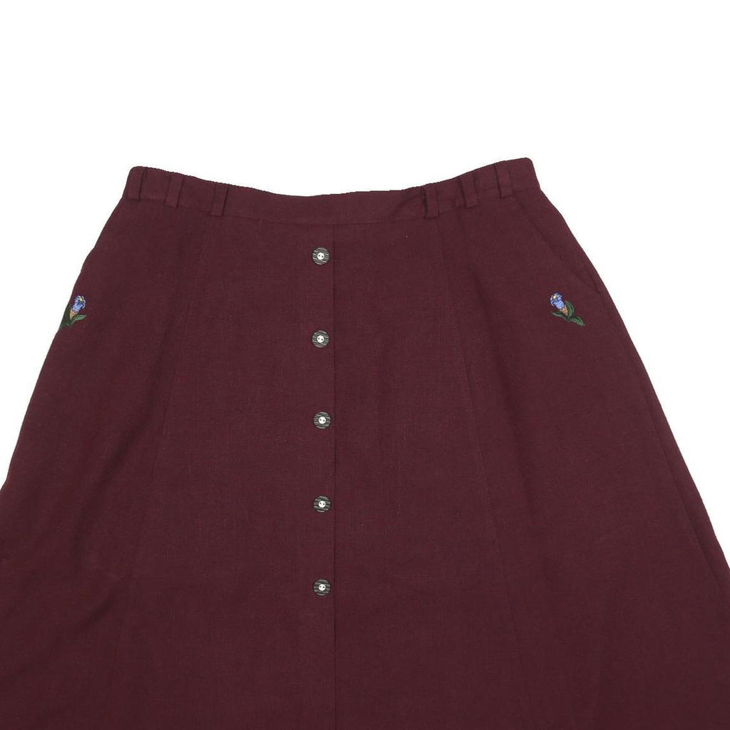 Womens Maroon Button Front Floral Embroidered A-Line Knee Length Linen Blend