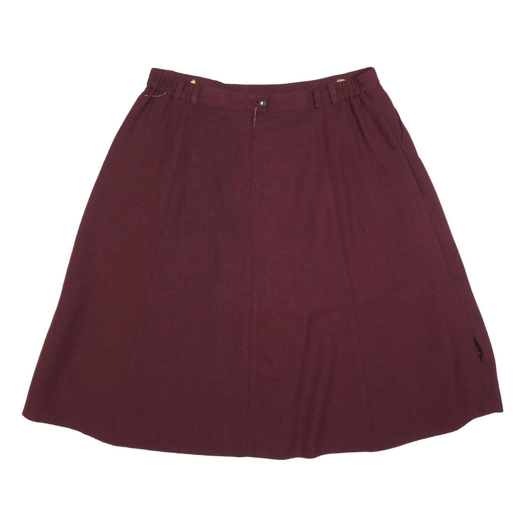 Womens Maroon Button Front Floral Embroidered A-Line Knee Length Linen Blend