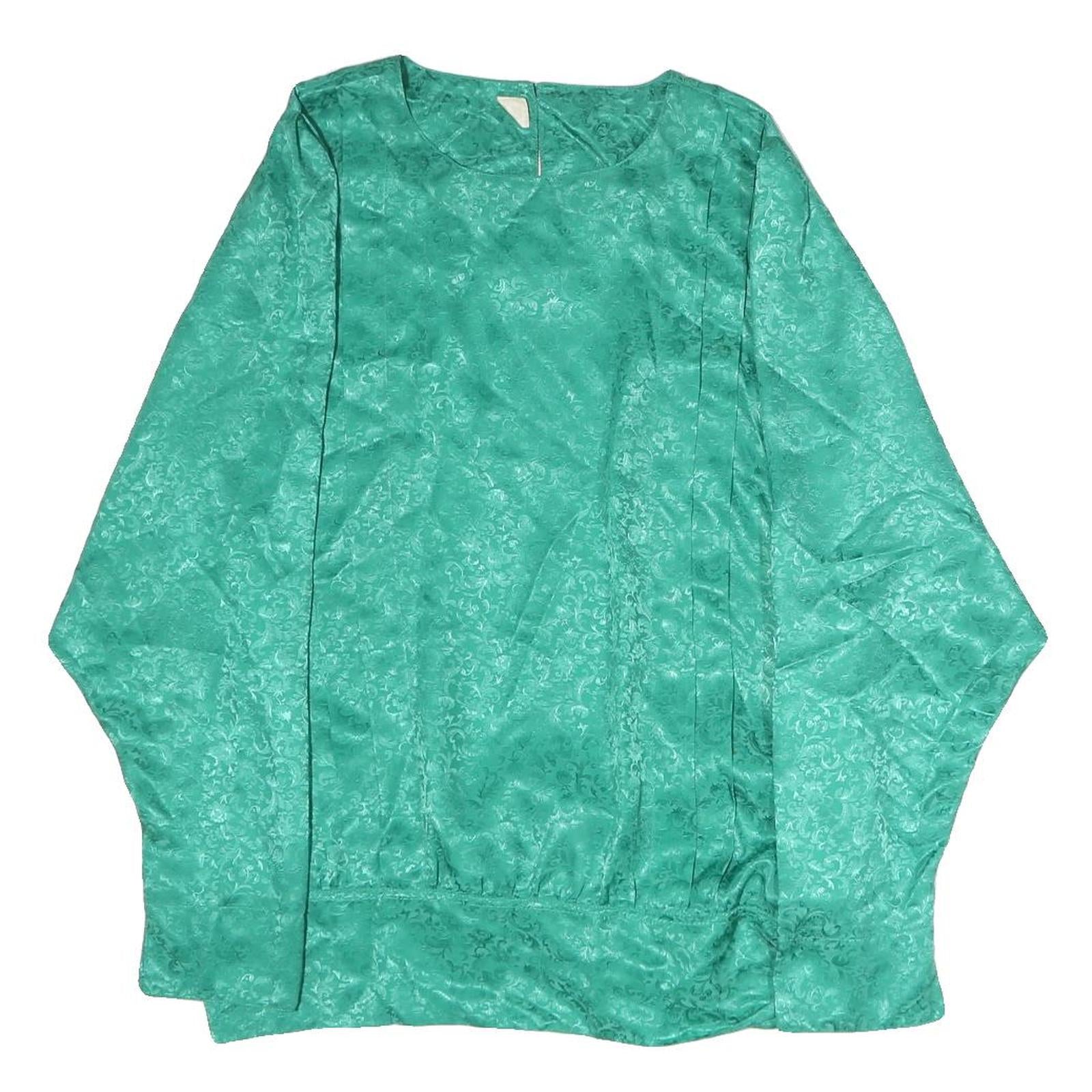 TRU Womens Green Printed Silk Long Sleeve Round Neck Top M Elegant Design