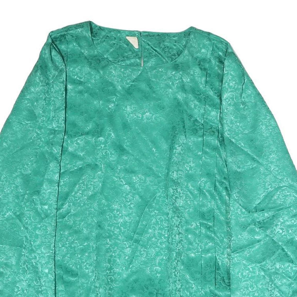TRU Womens Green Printed Silk Long Sleeve Round Neck Top M Elegant Design