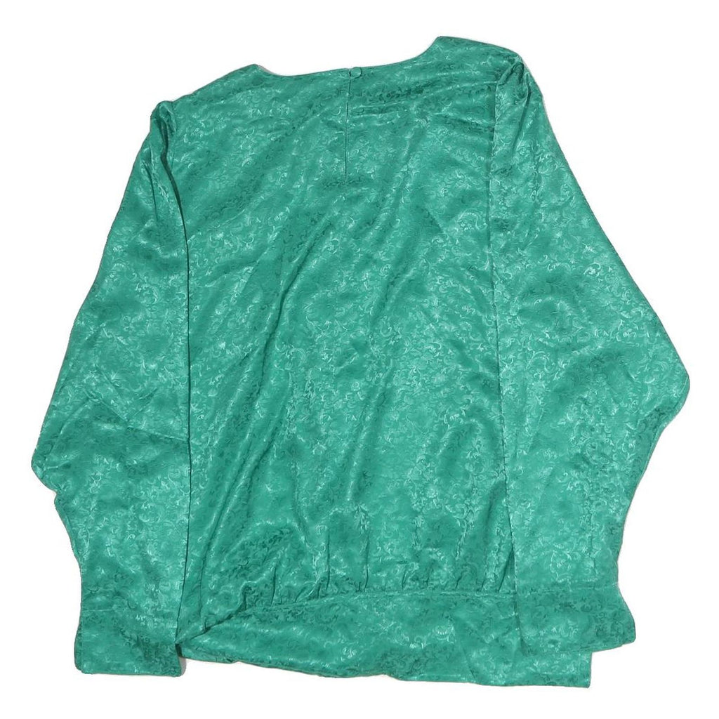 TRU Womens Green Printed Silk Long Sleeve Round Neck Top M Elegant Design