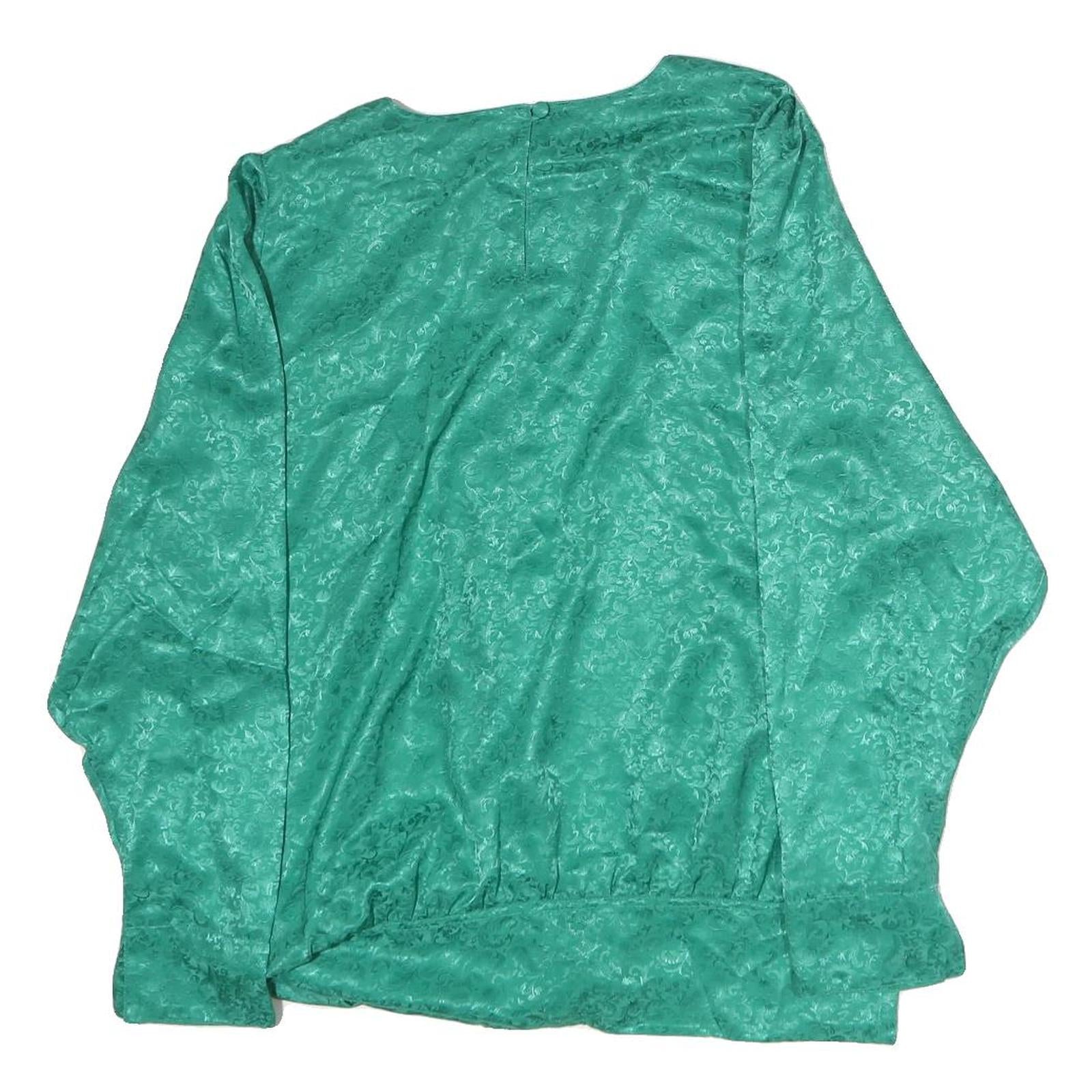 TRU Womens Green Printed Silk Long Sleeve Round Neck Top M Elegant Design