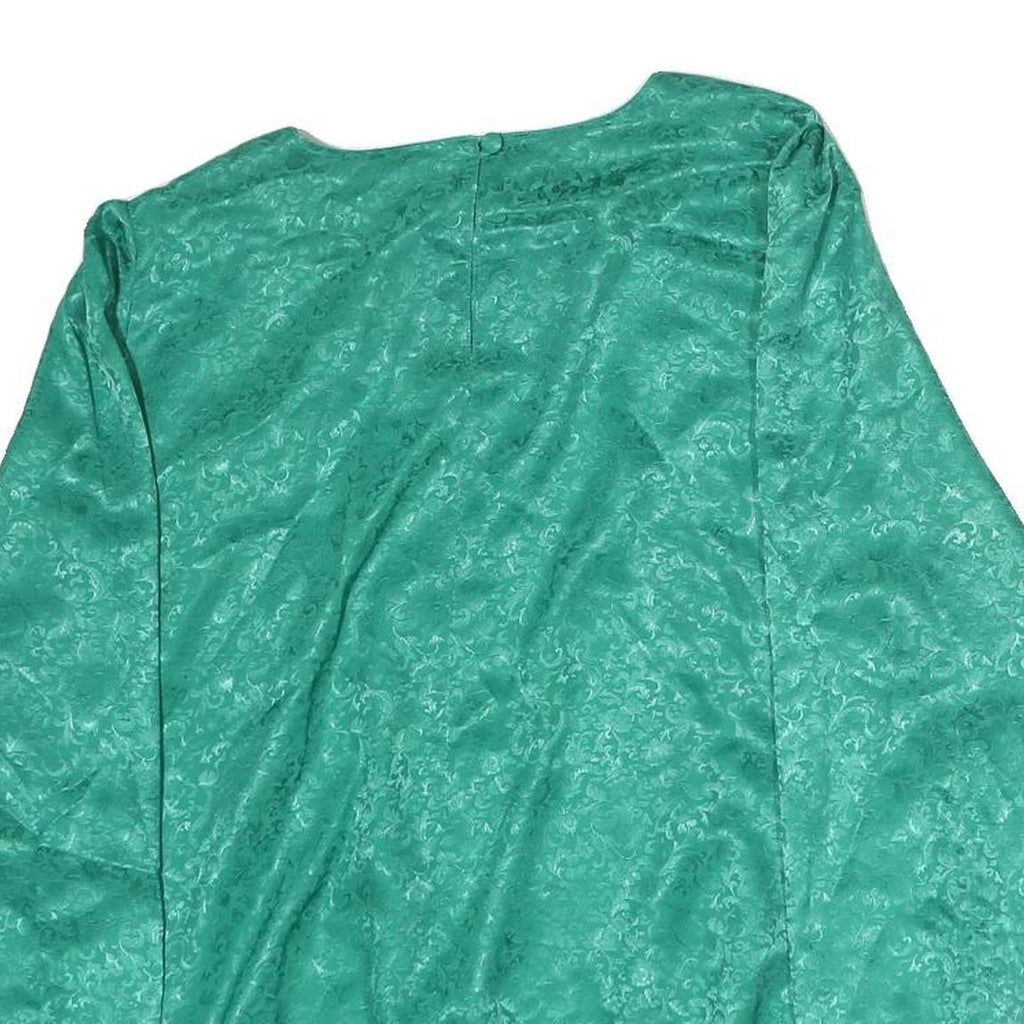 TRU Womens Green Printed Silk Long Sleeve Round Neck Top M Elegant Design