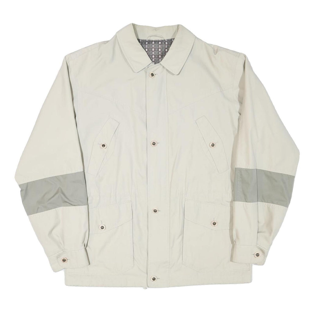 Mens Beige & Grey Cotton Blend Button Jacket L Plain Casual Lightweight
