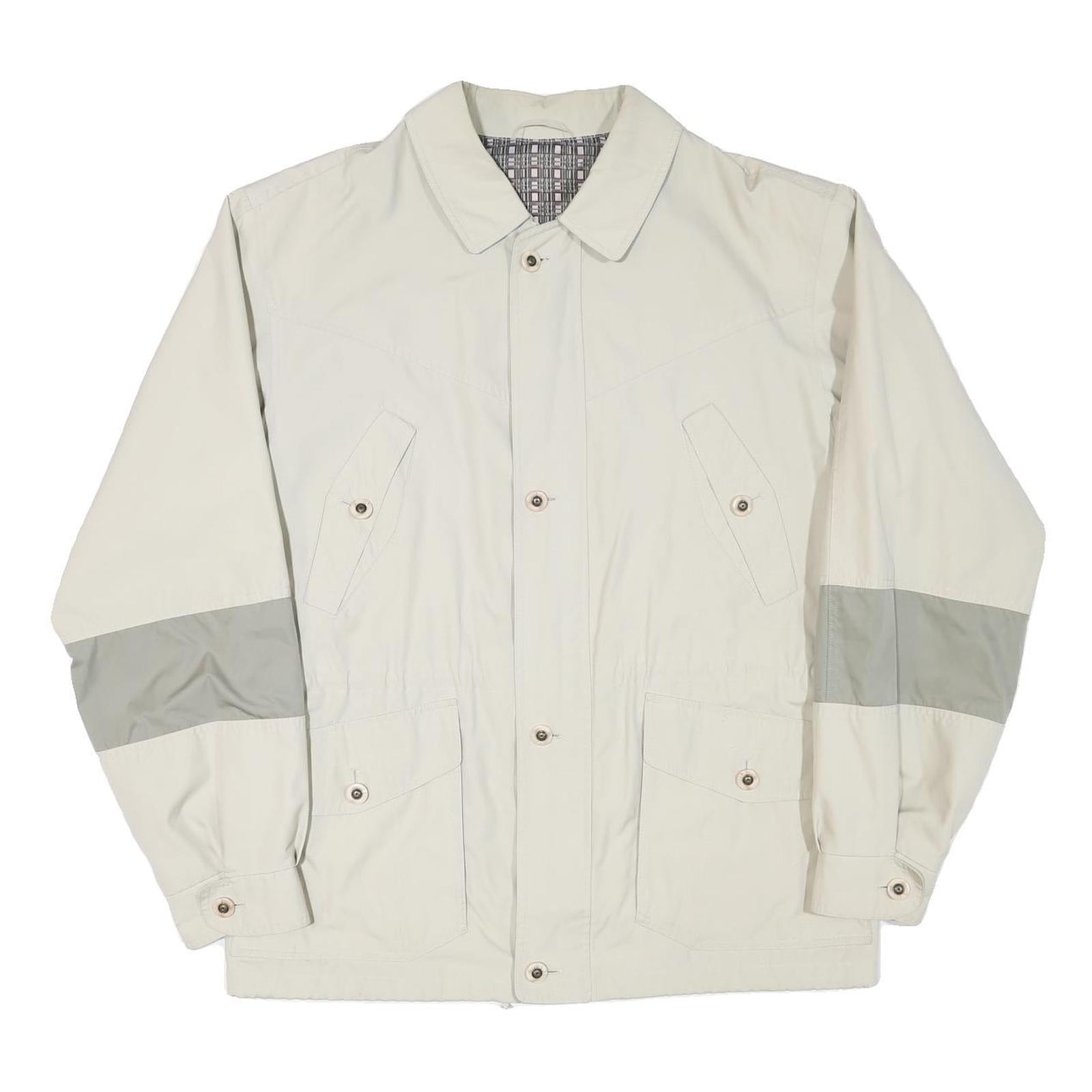 Mens Beige & Grey Cotton Blend Button Jacket L Plain Casual Lightweight