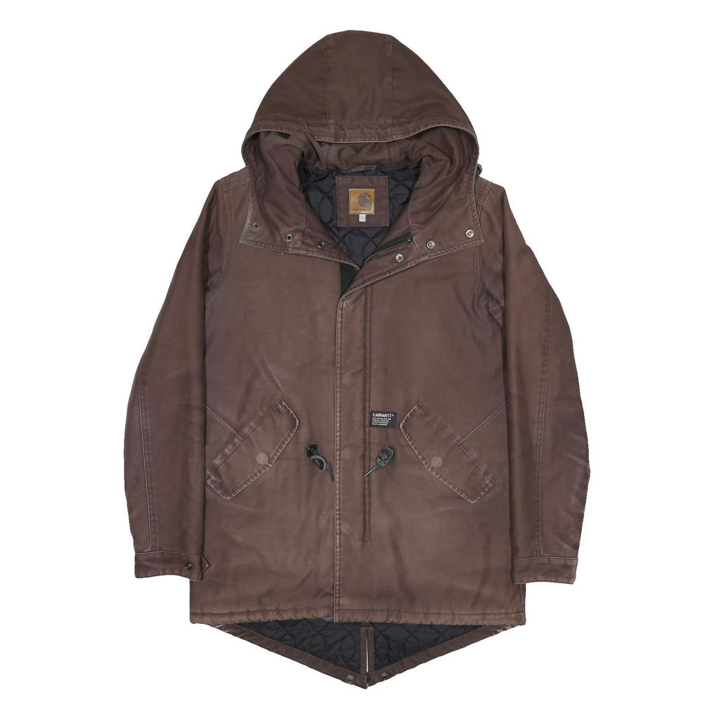 CARHARTT Mens Brown Hooded Zip Jacket S Cotton Blend Plain Workwear Durable