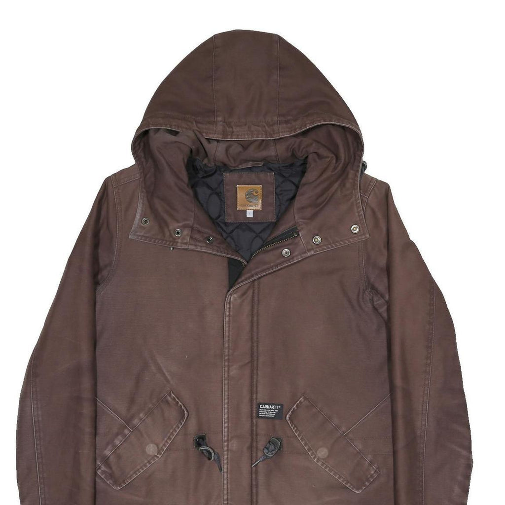 CARHARTT Mens Brown Hooded Zip Jacket S Cotton Blend Plain Workwear Durable