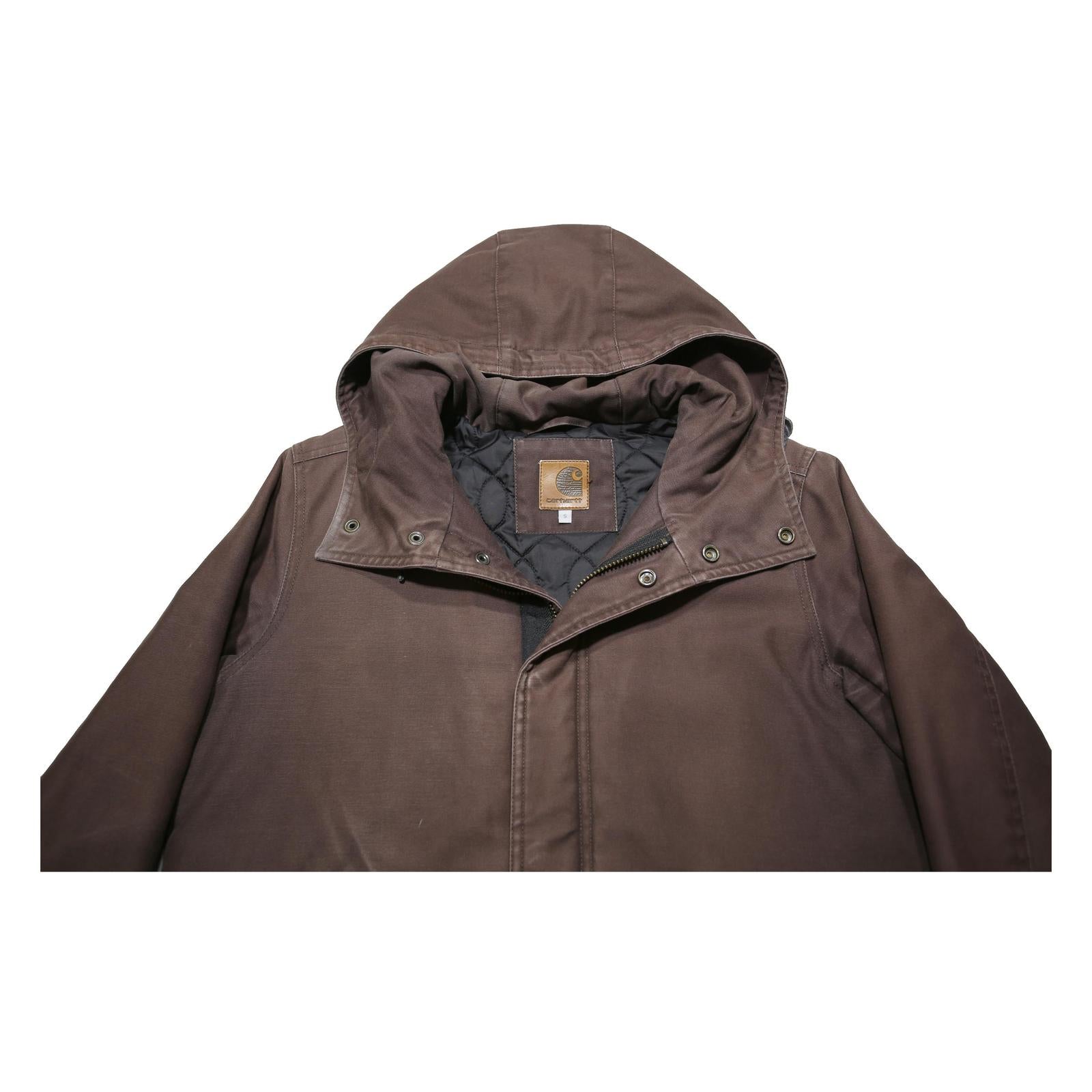 CARHARTT Mens Brown Hooded Zip Jacket S Cotton Blend Plain Workwear Durable