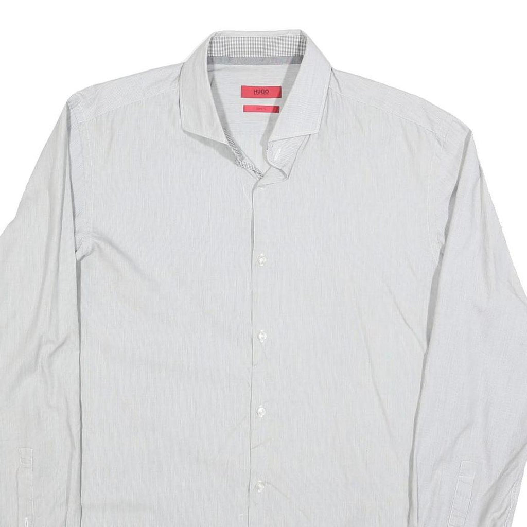 HUGO BOSS Mens White Cotton Blend Shirt L Classic Button Collar Long Sleeve