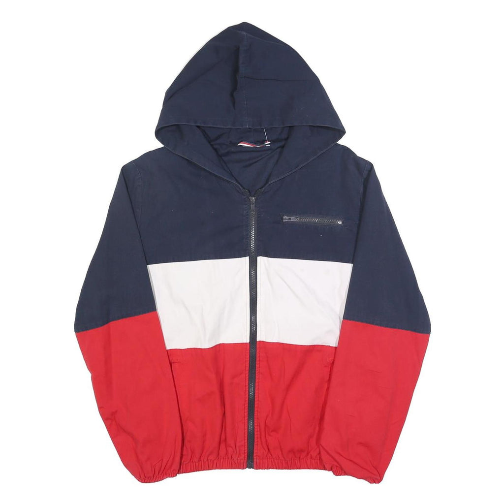 Mens Navy White & Red Colourblock Casual Cotton Hooded Jacket M Zip Plain
