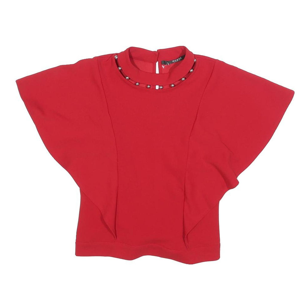 GUESS Womens Red Printed Top Short Sleeve Round Neck S Stylish Elegant