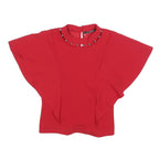 GUESS Womens Red Printed Top Short Sleeve Round Neck S Stylish Elegant