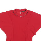 GUESS Womens Red Printed Top Short Sleeve Round Neck S Stylish Elegant