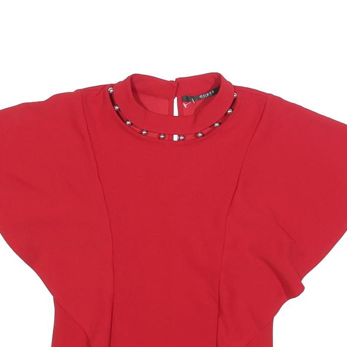 GUESS Womens Red Printed Top Short Sleeve Round Neck S Stylish Elegant