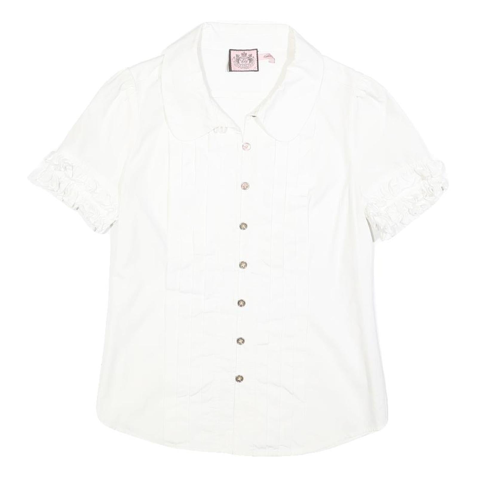 JUICY COUTURE Womens White Shirt Short Sleeve Button Neck S Ruffle Detail